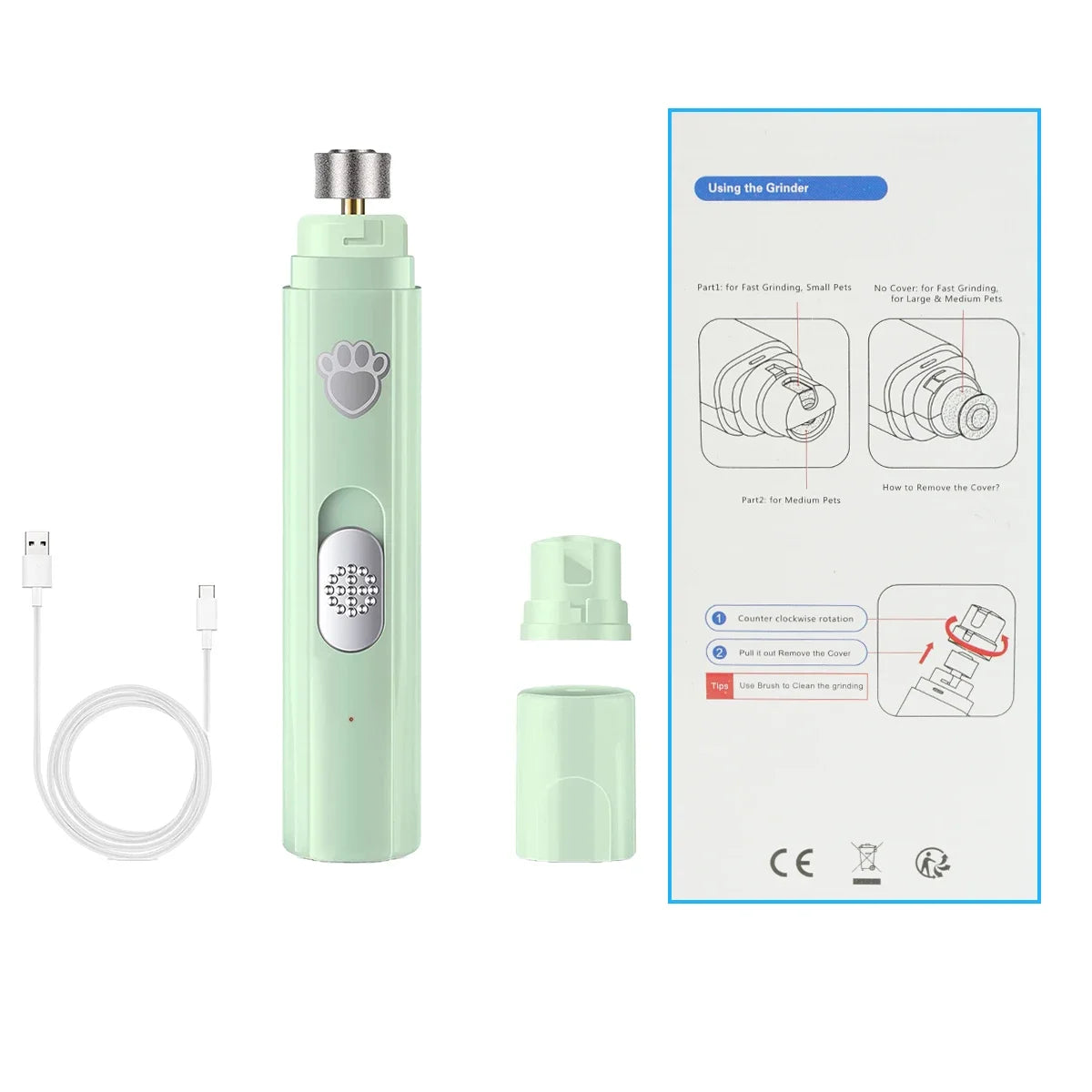 Quiet Nail Grinder for Dogs & Cats – Electric Clipper with Rechargeable Battery and Polishing Head