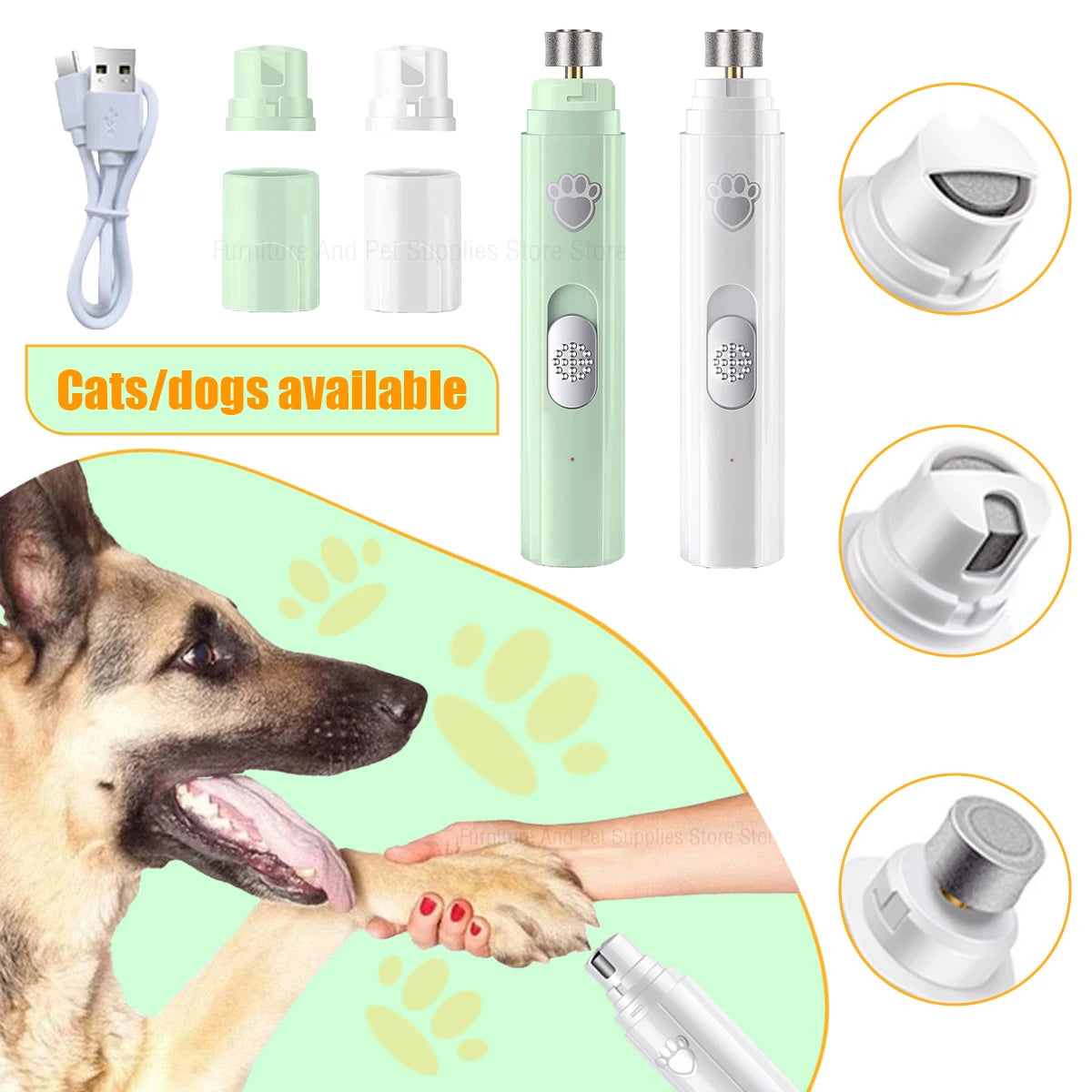 Quiet Nail Grinder for Dogs & Cats – Electric Clipper with Rechargeable Battery and Polishing Head
