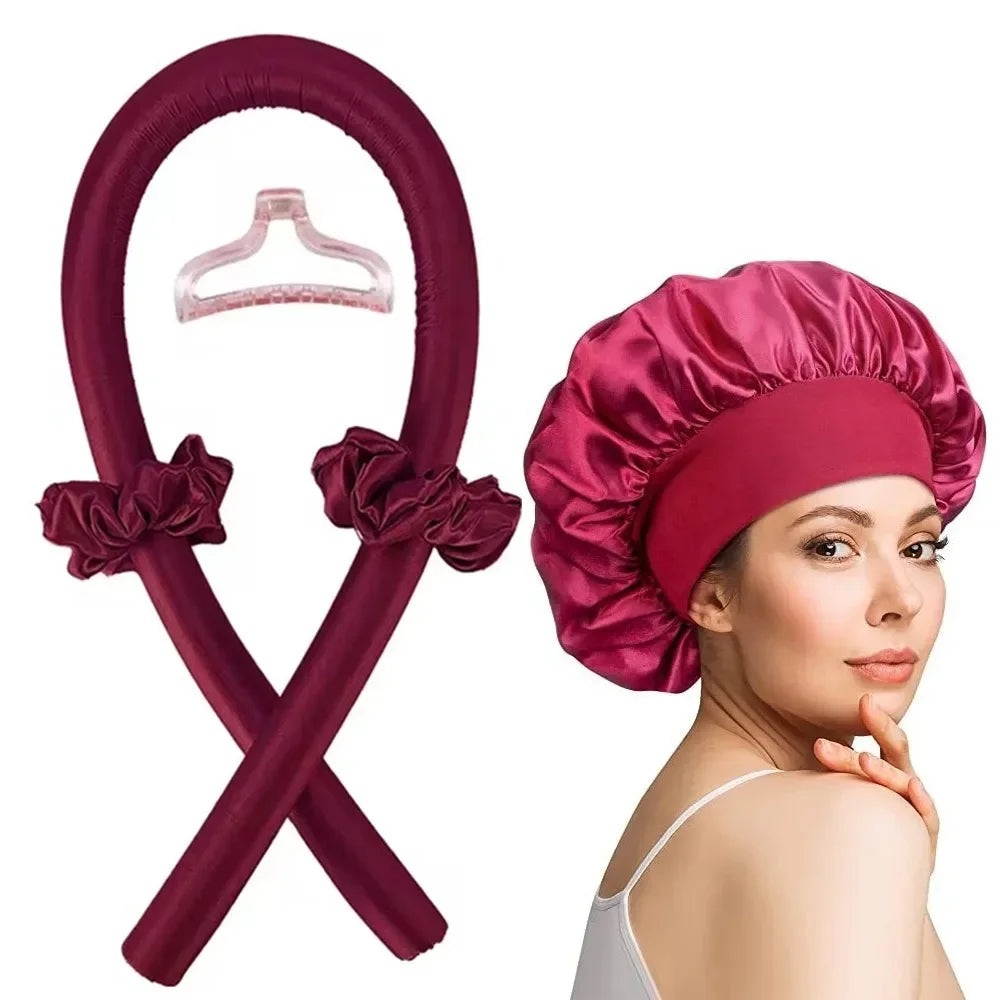 Overnight Heatless Curling Set – Soft Silk Ribbon Hair Rollers with Headband Cap for Natural, Damage-Free Curls