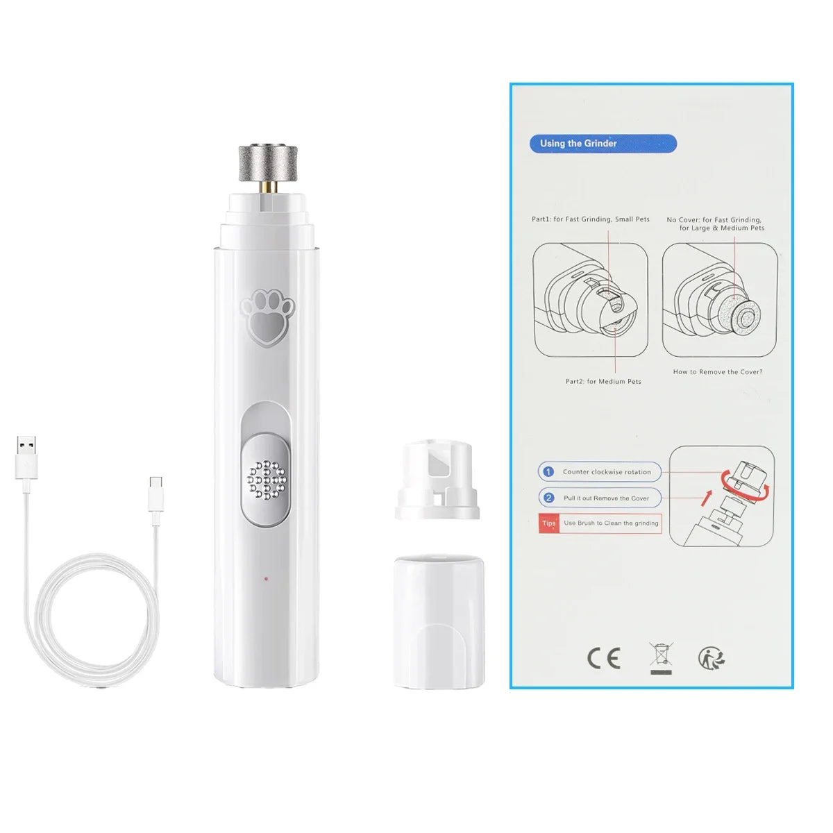 Quiet Nail Grinder for Dogs & Cats – Electric Clipper with Rechargeable Battery and Polishing Head