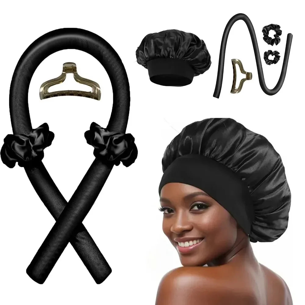 Overnight Heatless Curling Set – Soft Silk Ribbon Hair Rollers with Headband Cap for Natural, Damage-Free Curls